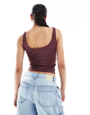 Bershka button down ribbed tank top in washed burgundy