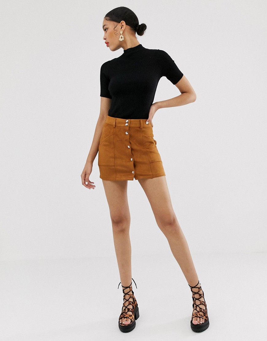 Bershka button front mini skirt in tan-Brown