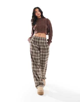 Bershka button front pull on wide leg pants in brown check