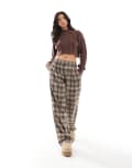 [Bershka] Bershka button front pull on wide leg pants in brown check M BROWN