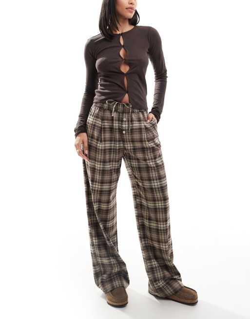 Bershka button front pull on wide leg pants in brown check