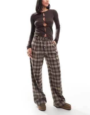 button front pull on wide leg pants in brown plaid