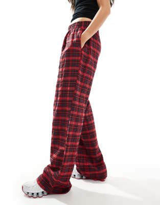 Bershka button front pull on wide leg pants in red check