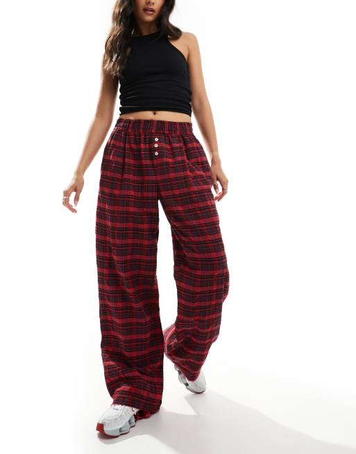 Bershka button front pull on wide leg trousers in red check, 4 of 5