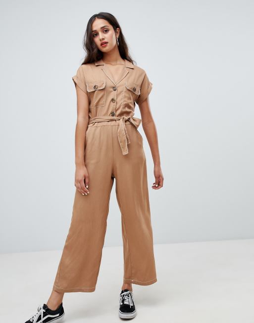 Bershka Button front tie waist jumpsuit | ASOS