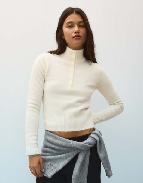 Bershka Button mock neck henley jumper in ecru - view 1
