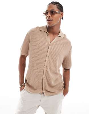 button through knit shirt in sand-Neutral