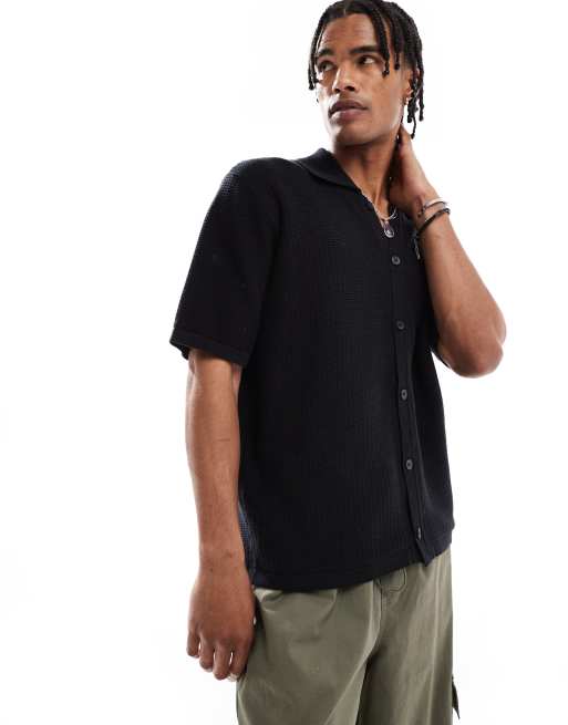 Bershka button through knitted shirt in black