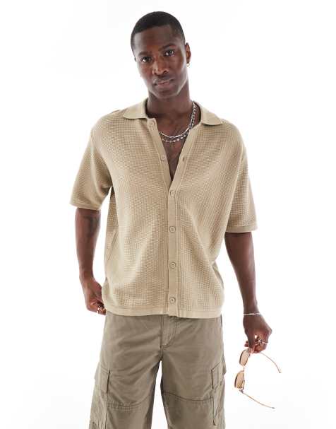 Bershka button through knitted shirt in brown - view 1