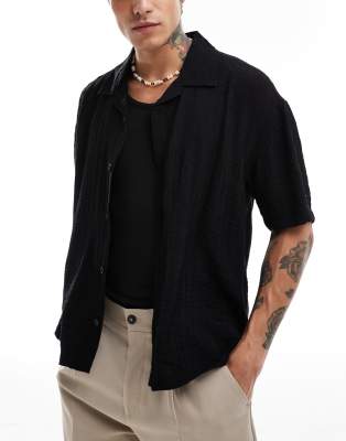 button through textured shirt in black