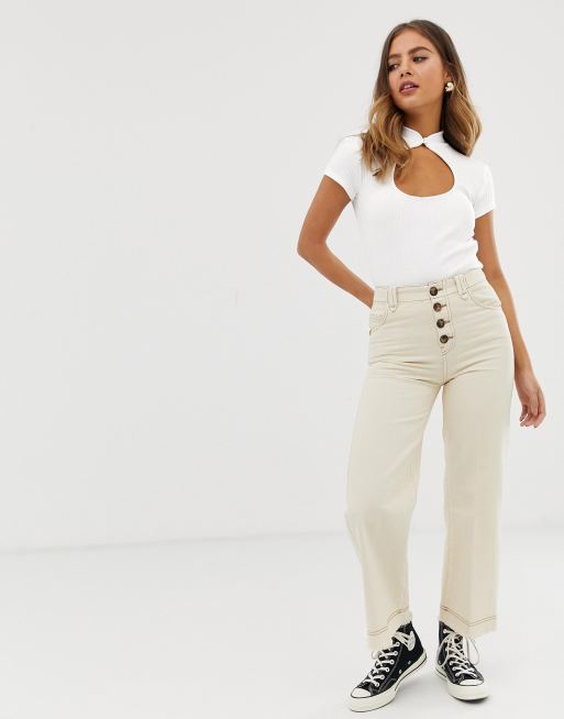 Bershka Button Top Denim Culottes In Off White Asos