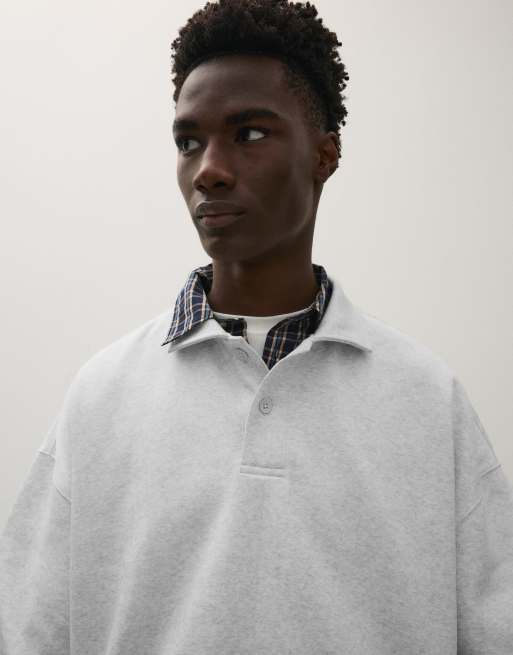 Bershka Buttoned polo collar sweatshirt in light grey, 4 of 6