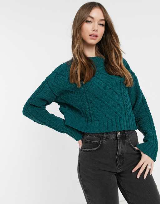 Bershka cable knit chenille jumper in green