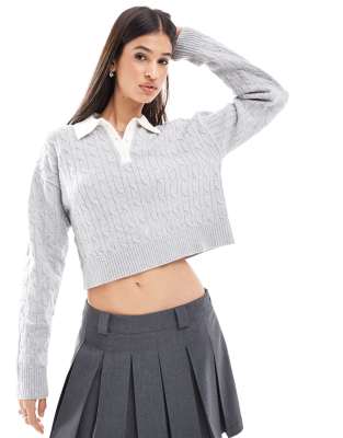 cable knit contrast collar sweater in gray & ecru