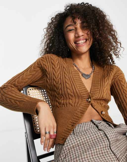Bershka cable knit cropped cardigan in camel ASOS
