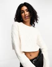 ASOS DESIGN crop cable sweater with fringe in chenille yarn in pink