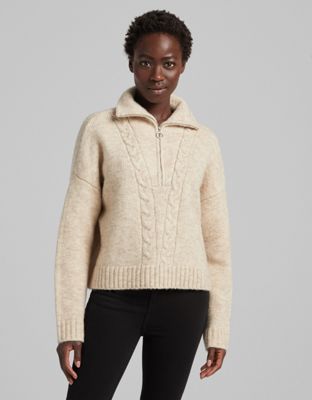 Bershka cable knit detail half zip jumper in beige