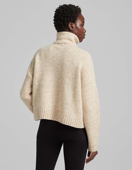 Bershka cable knit detail half zip sweater in beige | ASOS Bershka cable knit detail half zip sweater in beige | ASOS
