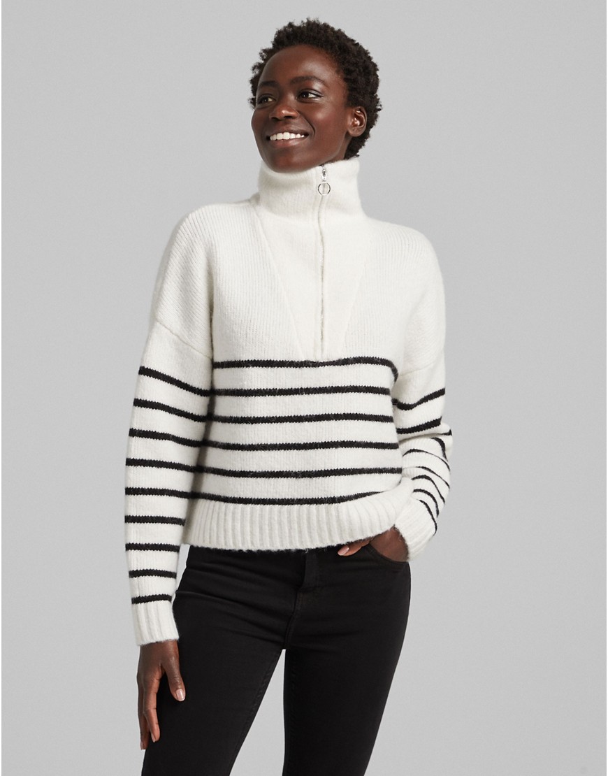 Bershka cable knit detail half zip sweater in ecru stripe-White
