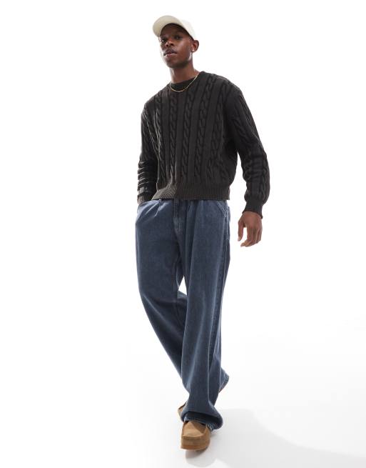 Bershka ダークグレー ニット Bershka ribbed knit sweater in dark gray | ASOS