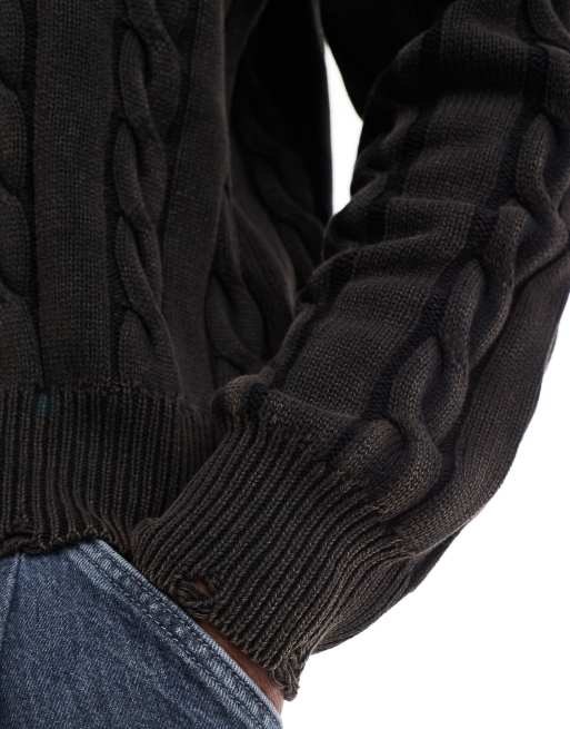 Bershka cable knit distressed sweater in charcoal | ASOS