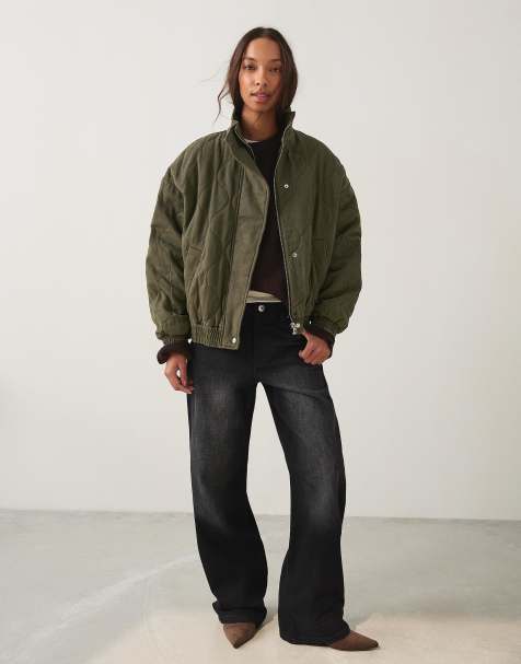 Bershka Cable-knit embroidered jacket in khaki