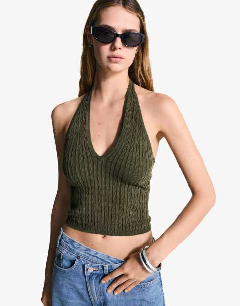 Bershka Cable-knit halter top in green - view 1