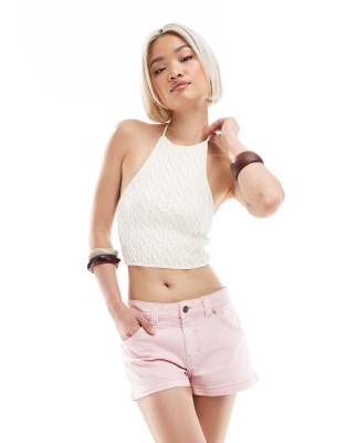 bershka cable knit halterneck top in white