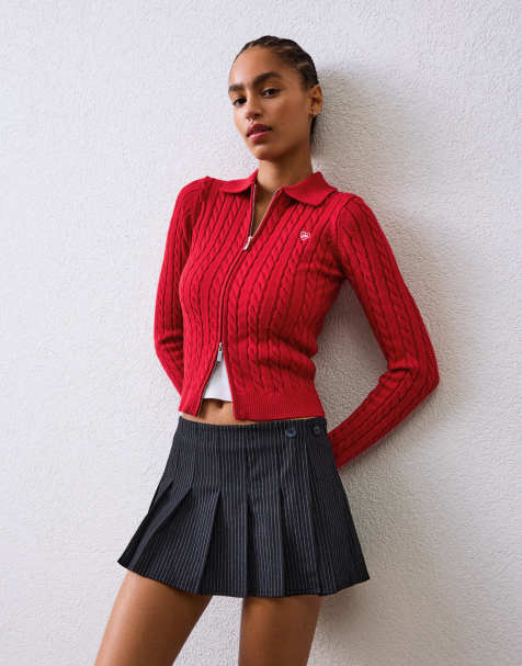 Bershka Cable knit polo cardigancable knit polo cardigan in red - view 1
