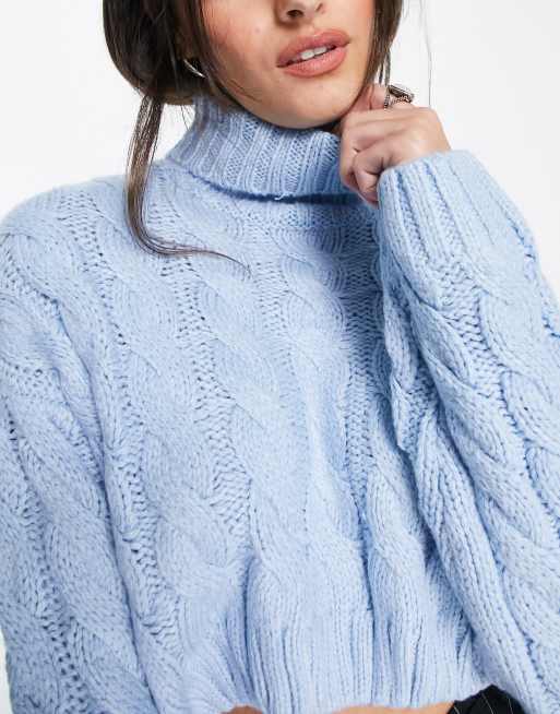 Bershka cable knit roll neck jumper in blue