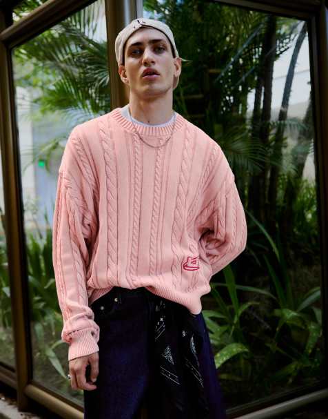 Bershka Cable knit round neck jumper in pink - view 1