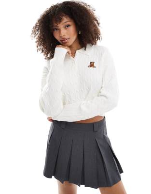 Bershka Cable Knit Teddy Bear Sweater In Ecru-neutral
