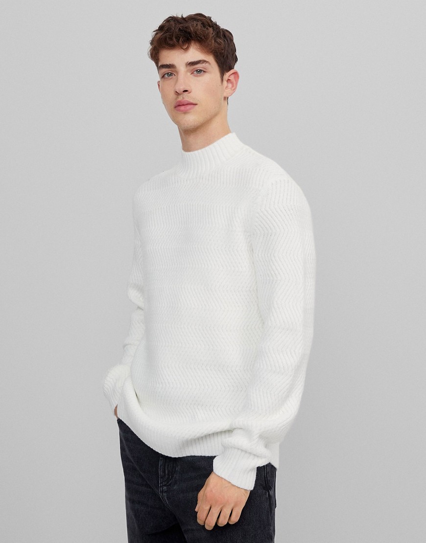 Bershka cable knit turtleneck sweater in ecru-Neutral
