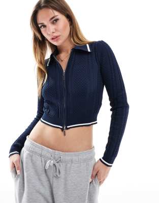 Bershka cable knitted polo top in navy-Blue