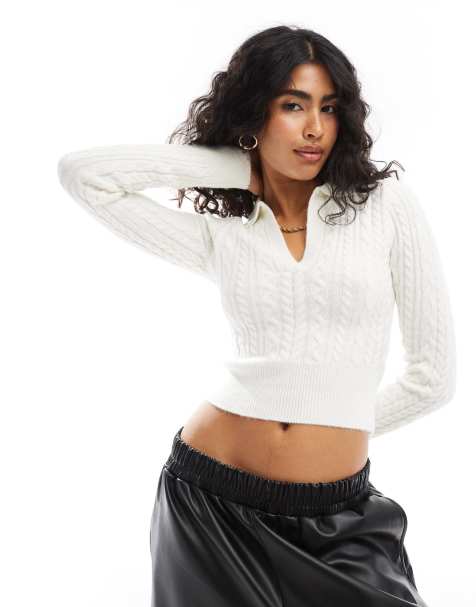 Bershka cable polo neck jumper in ecru - view 1
