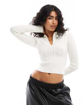 cable polo neck sweater in ecru-Neutral