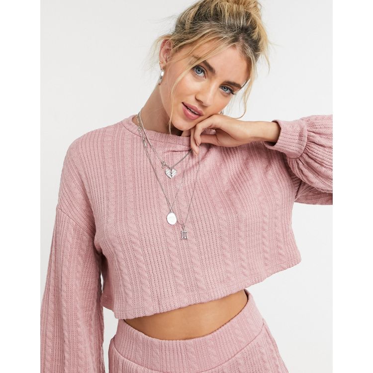 Bershka cable style jersey cropped sweater set in rose | ASOS