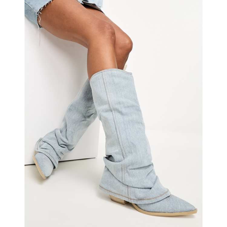 Bershka calf length denim covered boots in blue