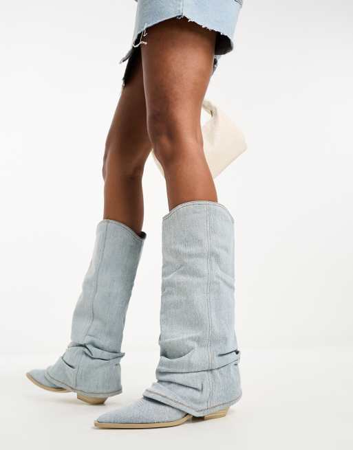 Bershka calf length denim covered boots in blue