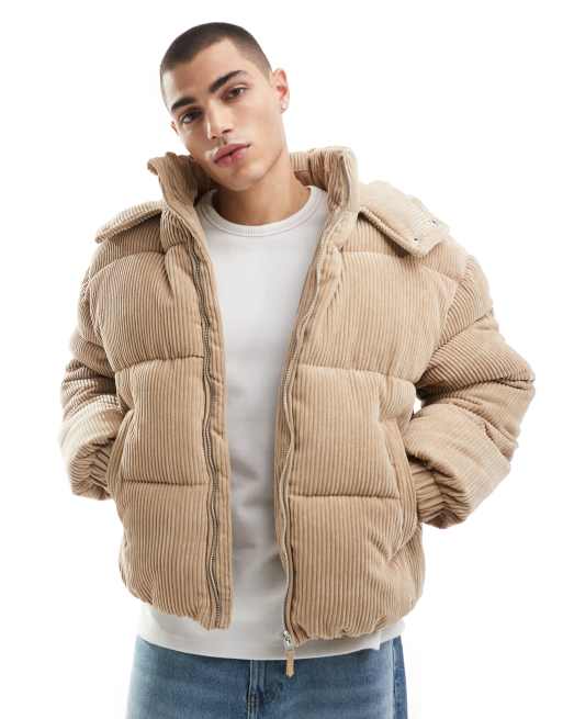 Bershka – Camelowa sztruksowa kurtka ocieplana z kapturem