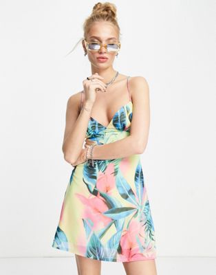 Bershka cami mini dress in bold tropical floral print
