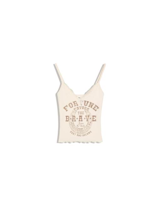 Bershka cami-top med print og blonder i sand, 5 af 5