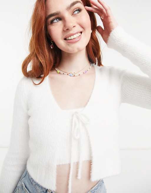 Bershka tie front cardigan and cami set in white | ASOS