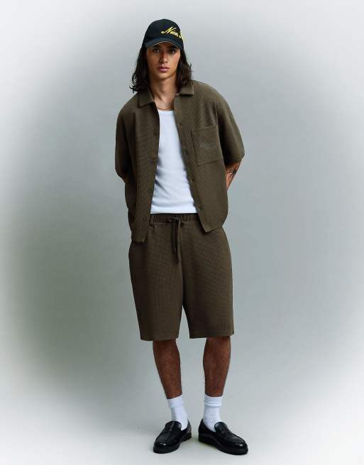 Bershka - Camicia a maniche corte a nido d'ape kaki in coordinato