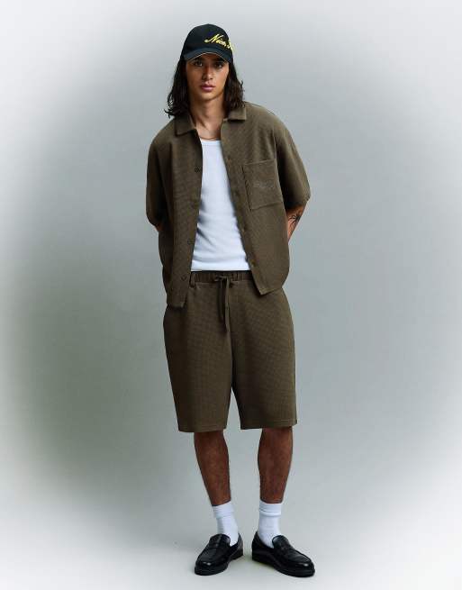 Bershka - Camicia a maniche corte a nido d'ape kaki in coordinato
