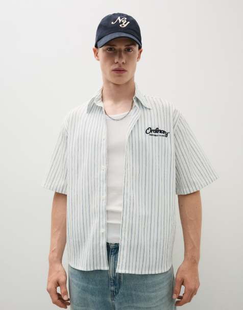 Bershka camicia a maniche corte a righe con stampa sul retro bianca - view 1