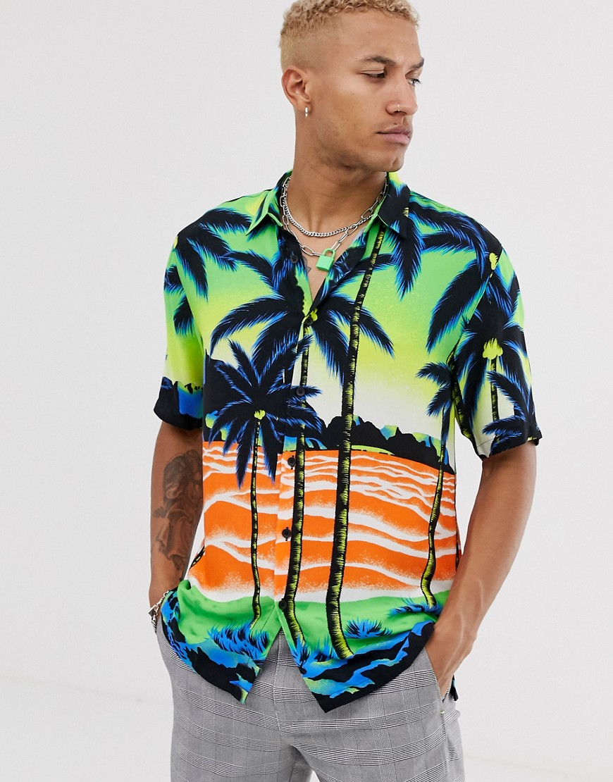 Bershka - Camicia a maniche corte con palme-Multicolore