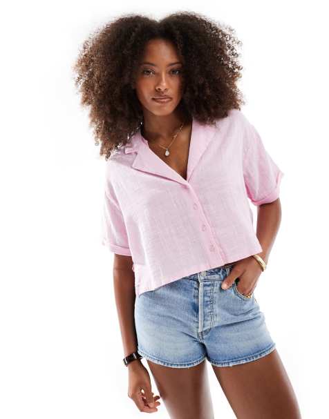 Bershka - Camicia a maniche corte squadrata effetto lino rosa - view 1