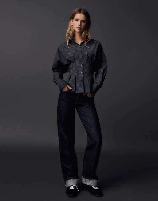 Bershka camicia a maniche lunghe a quadri con corsetto grigio chiaro, 2 di 5