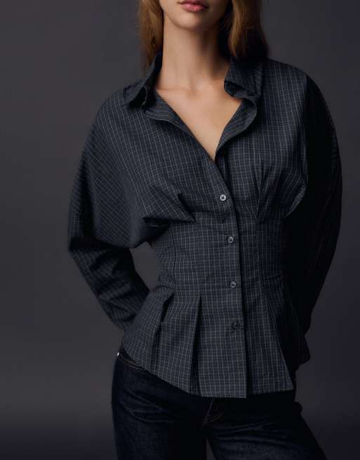 Bershka camicia a maniche lunghe a quadri con corsetto grigio chiaro, 4 di 5